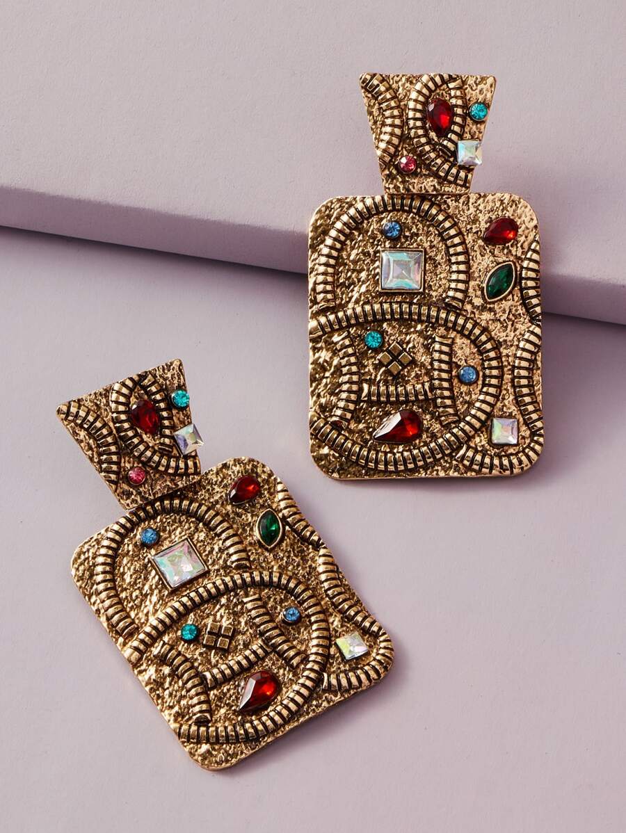 Mydear 1 Pair Bohemian Style Geometric Alloy Inlaid Colorful Rhinestone Square Earrings - Yellow Gold - View 1