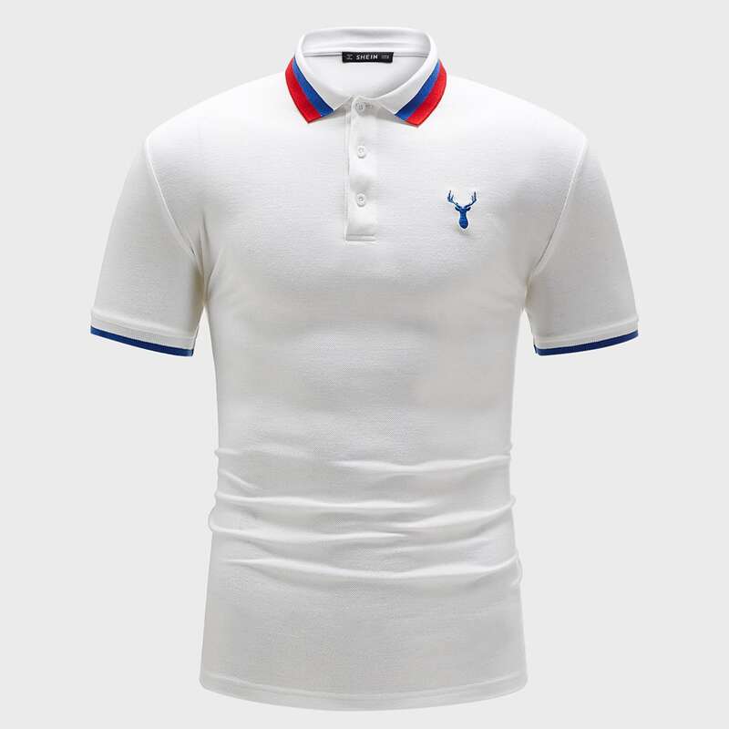 

Guys Striped Trim Embroidered Deer Polo Shirt, White
