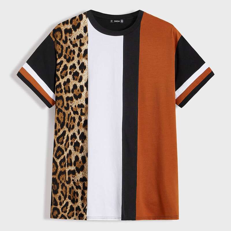 

Guys Leopard Panel Striped Sleeve Colorblock Tee, Multicolor