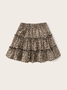 SHEIN Girls Frill Trim Leopard Print Skirt - Multicolor - View 2