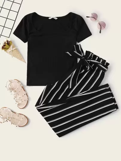 SHEIN Juego De Camiseta De Manga Corta De Punto De Canalé Sólido Y Pantalones A Rayas Con Cintura Fruncida Para Niñas Preadolescentes