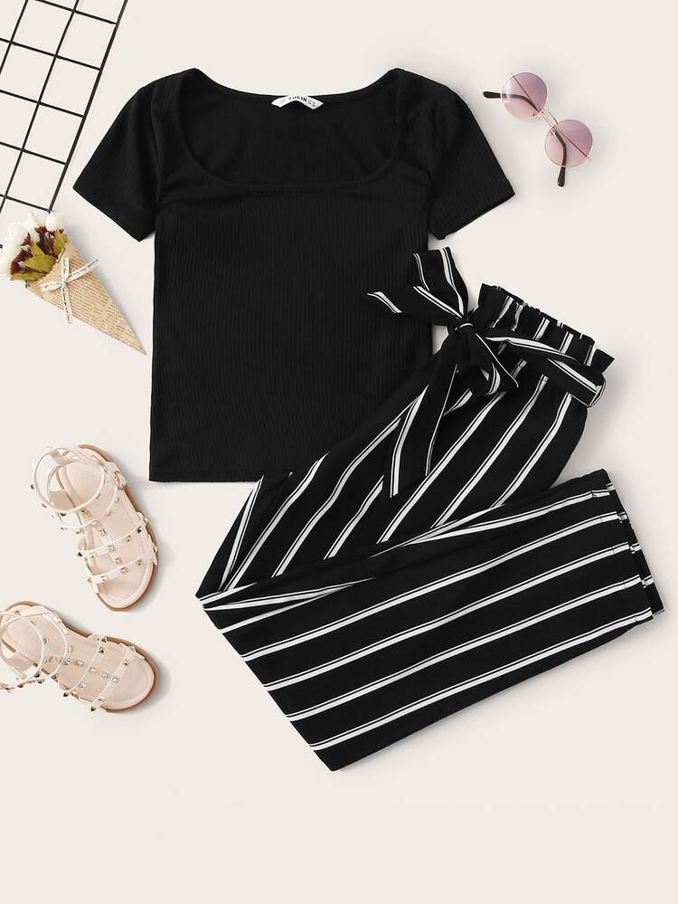 Girls Solid Rib-knit Tee and Paperbag Waist Striped Pants Set