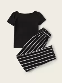 SHEIN Tween Girl Solid Rib-Knit Tee And Paperbag Waist Striped Pants Set - Black - View 2