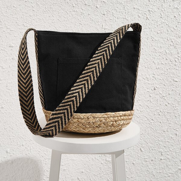 

Braided Panel Bucket Bag With Wide Strap, Black
