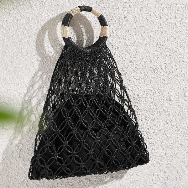 

Braided Satchel Bag With Ring Handle, Black