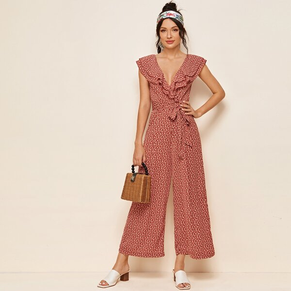 

Ditsy Floral Ruffle Trim Belted Culottes Jumpsuit, Multicolor