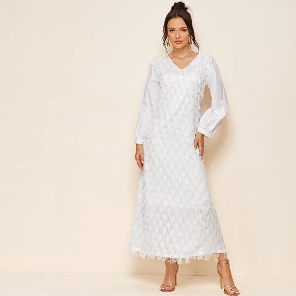

Fringe Trim V-neck Solid Tunic Dress, White