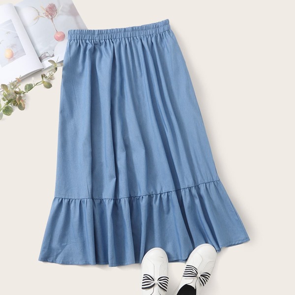 

Plus Elastic Waist Denim A-line Skirt, Blue