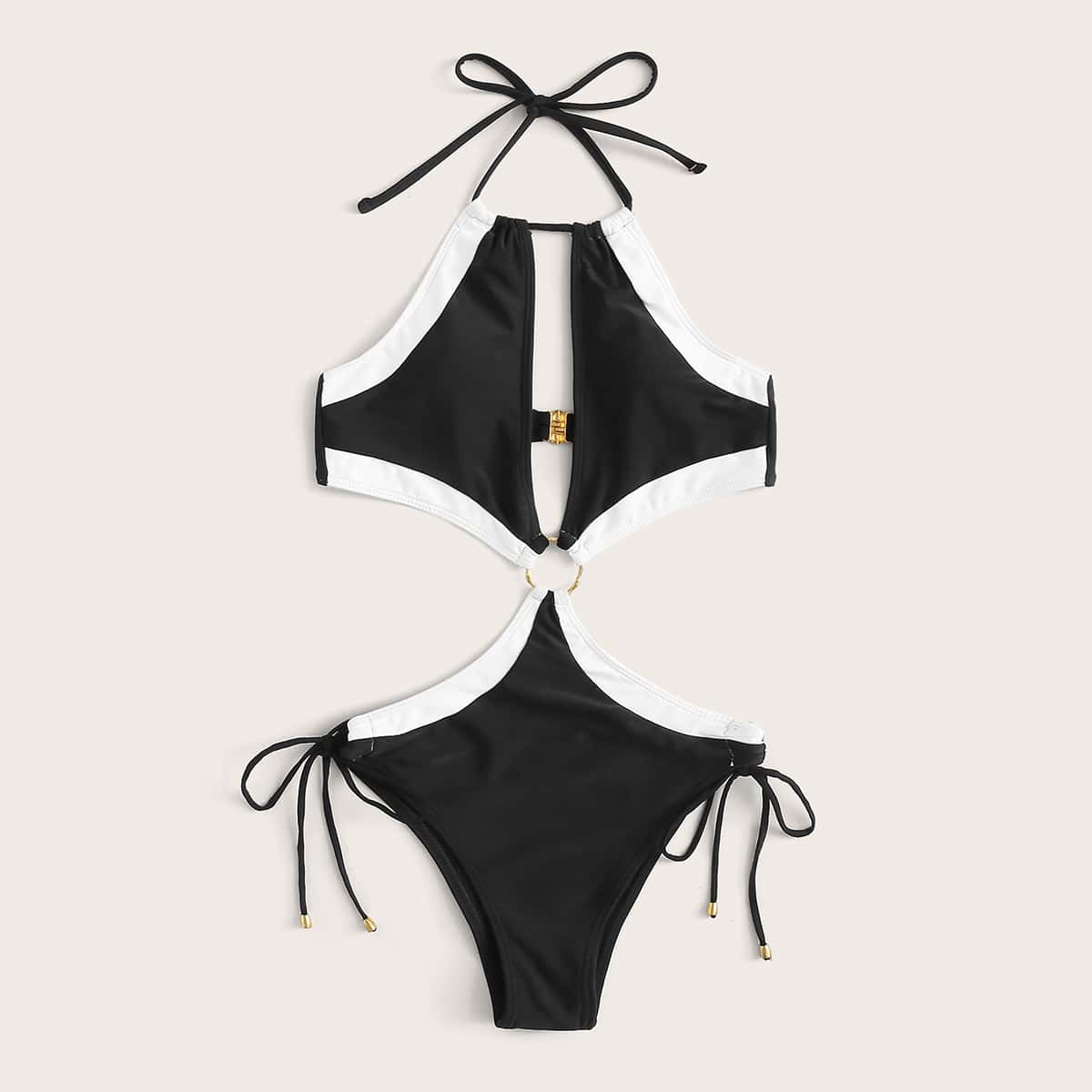 

Two Tone Ring Linked One Piece Swimsuit, Black