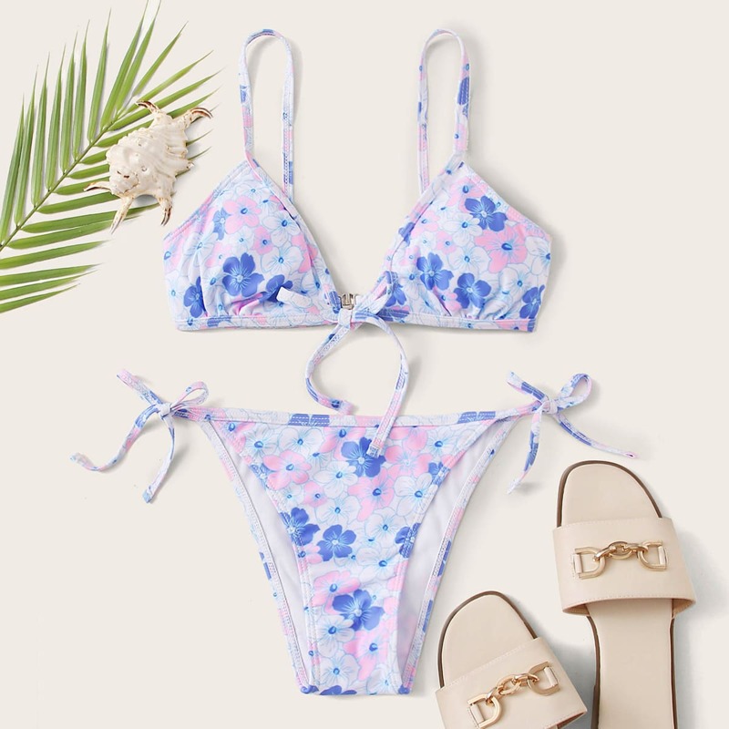 

Floral Cami Tie Side Bikini Swimsuit, Multicolor