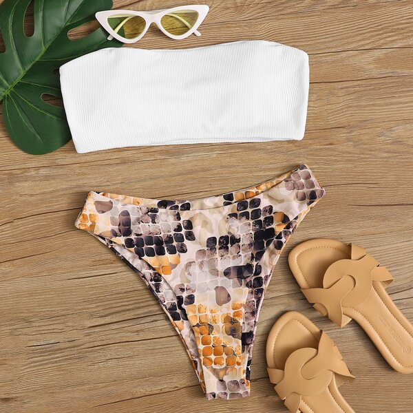 

Graphic Print Rib Bikini Swimsuit, Multicolor