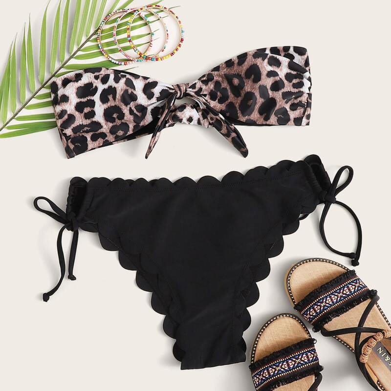 

Leopard Bandeau Scallop Trim Bikini Swimsuit, Multicolor