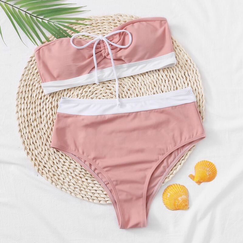 

Drawstring Bandeau High Waist Bikini Swimsuit, Pink