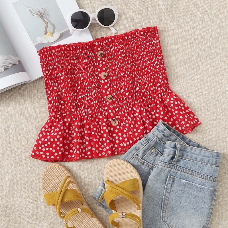 

Chiffon Ditsy Floral Button Shirred Tube Top, Red