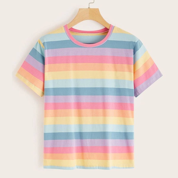 

Plus Rainbow Striped Round Neck Tee, Multicolor