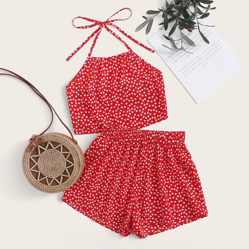 

Ditsy Floral Halter Top & Shorts, Red