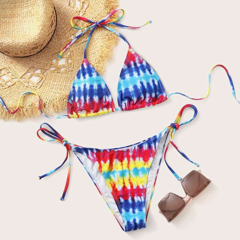 

Tie Dye Triangle Tie Side Bikini Swimsuit, Multicolor