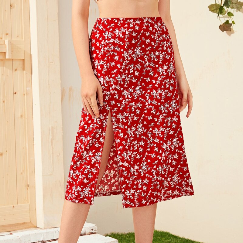 

Ditsy Floral Split Skirt, Red