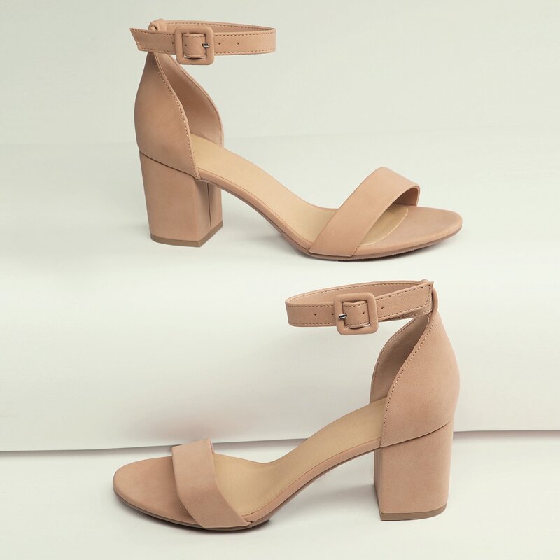 

Open Toe Ankle Strap Block Heel Sandals, Apricot