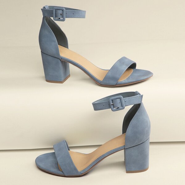 

Open Toe Ankle Strap Block Heel Sandals, Blue