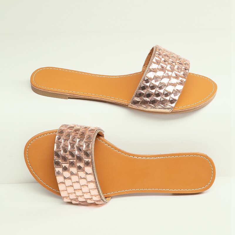

Open Toe Crystal Band Flat Slide Sandals, Champagne