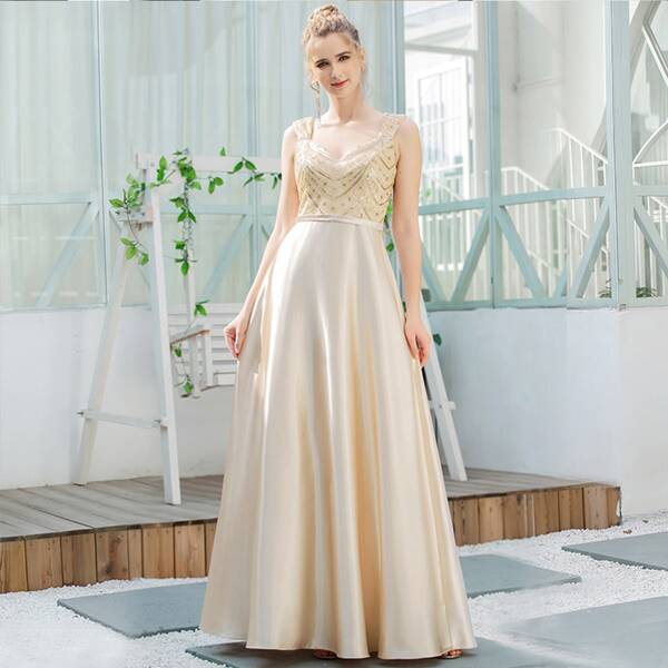 

Sequin Bodice Satin Flare Dress, Beige