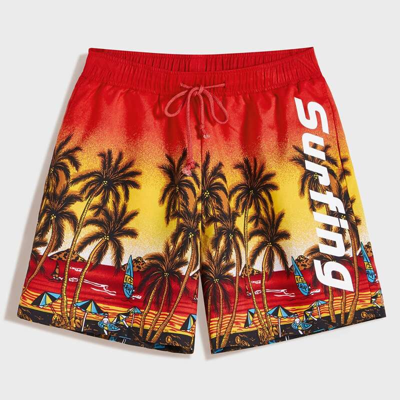 

Guys Letter and Tropical Print Drawstring Waist Shorts, Multicolor