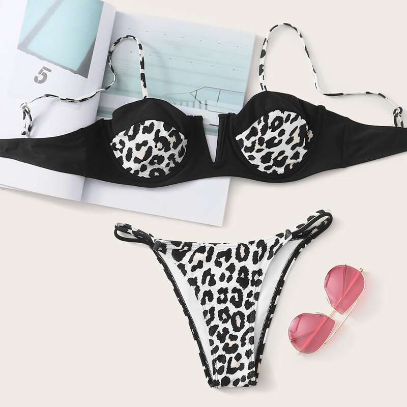 

Leopard V Wired Underwire Tanga Bikini Swimsuit, Multicolor