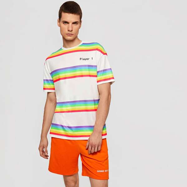 

Men Letter and Rainbow Striped Tee, Multicolor