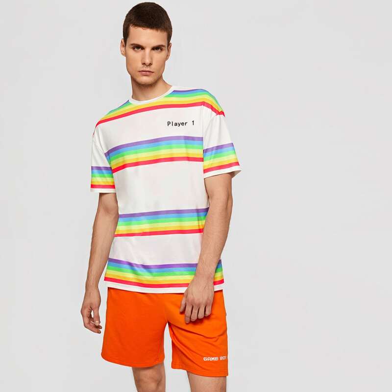 

Guys Letter and Rainbow Striped Tee, Multicolor