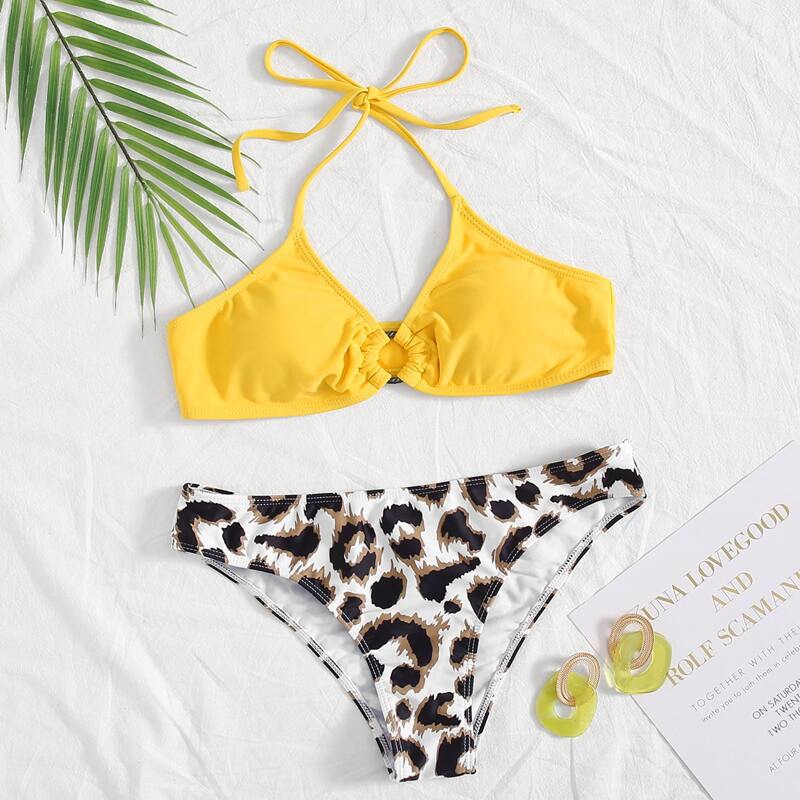 

Leopard Ring Linked Halter Bikini Swimsuit, Multicolor