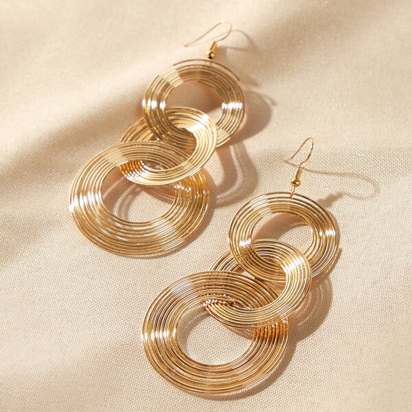 

1pair Round Link Drop Earrings, Gold