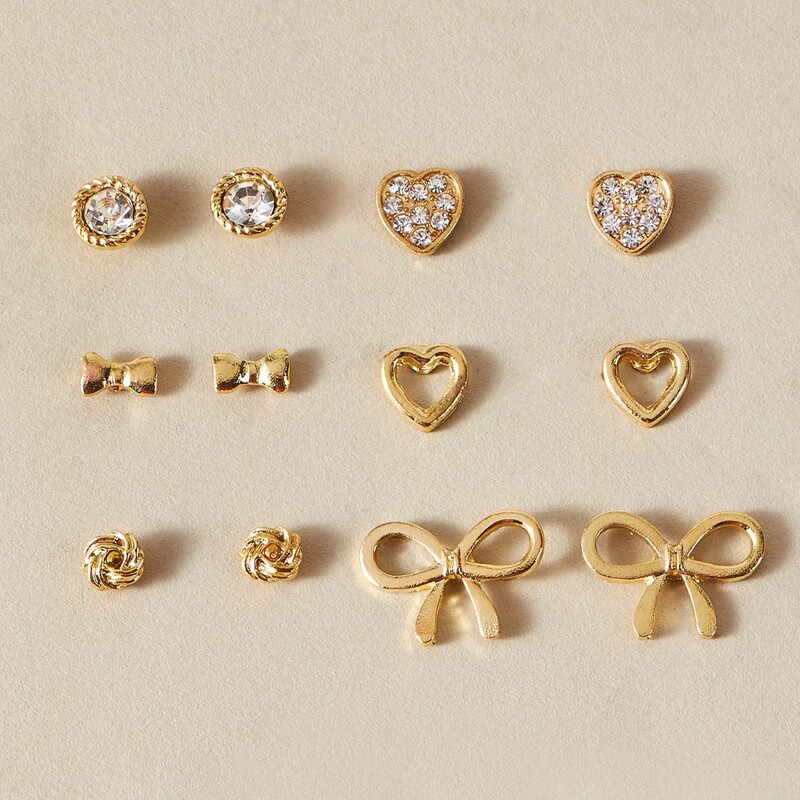 

6pairs Heart & Bow Decor Stud Earrings, Gold