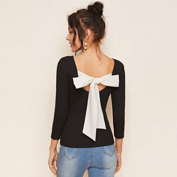 

Tie Back Rib-knit Tee, Black