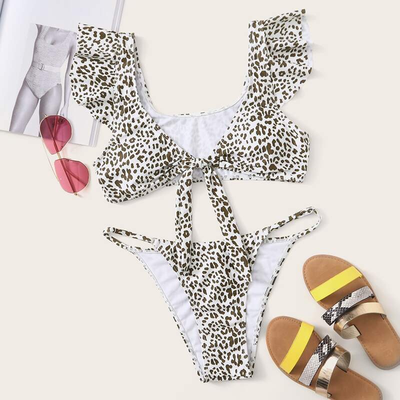 

Leopard Ruffle Knot Front Tanga Bikini Swimsuit, Multicolor