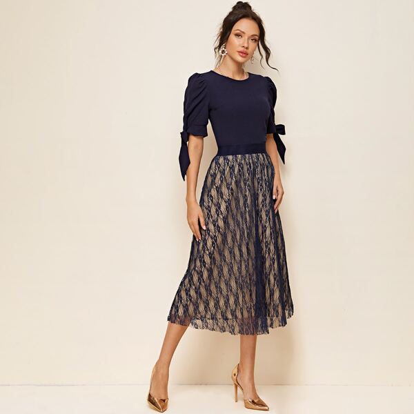 

Knot Cuff Puff Sleeve Top & Lace Overlay Skirt Set, Navy blue