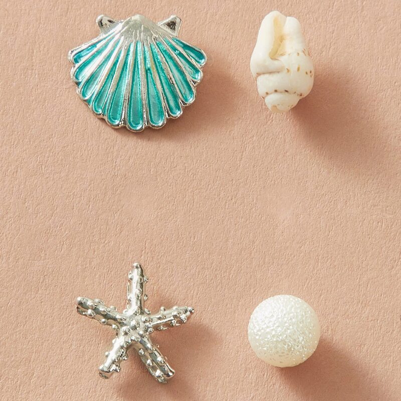 

4pcs Shell & Starfish Shaped Stud Earrings, Multicolor