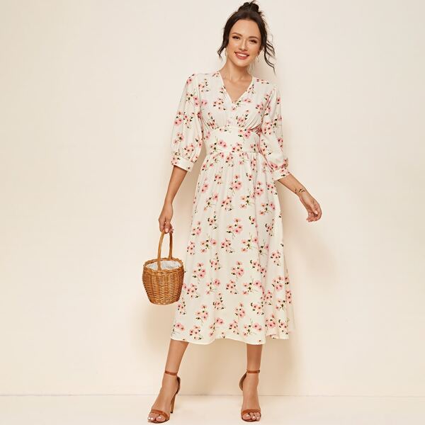 

Bishop Sleeve Wide Waistband Floral Print Dress, Beige