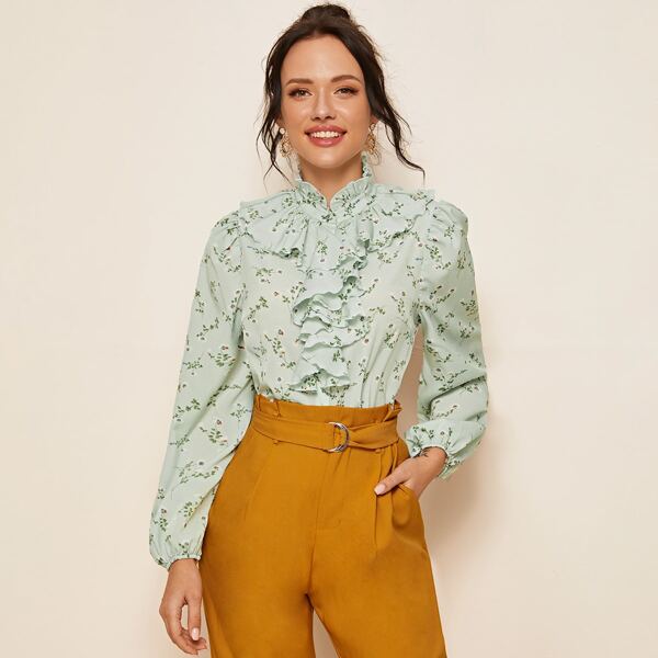 

Ruffle Trim Jabot Collar Lantern Sleeve Floral Print Blouse, Green