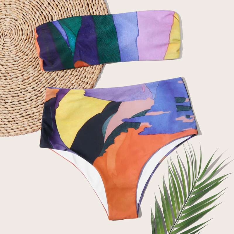 

Graphic Print Bandeau High Waisted Bikini Swimsuit, Multicolor