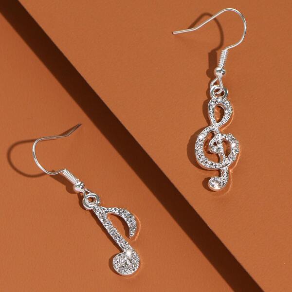 

1pair Rhinestone Decor Music Note Drop Earrings, Silver