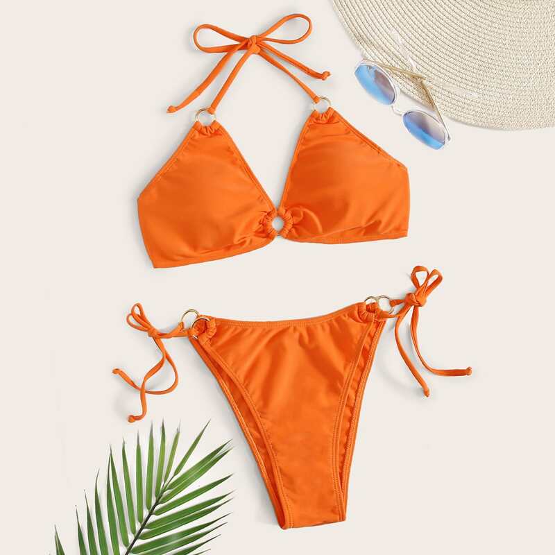 

Ring Linked Halter Tie Side Bikini Swimsuit, Orange
