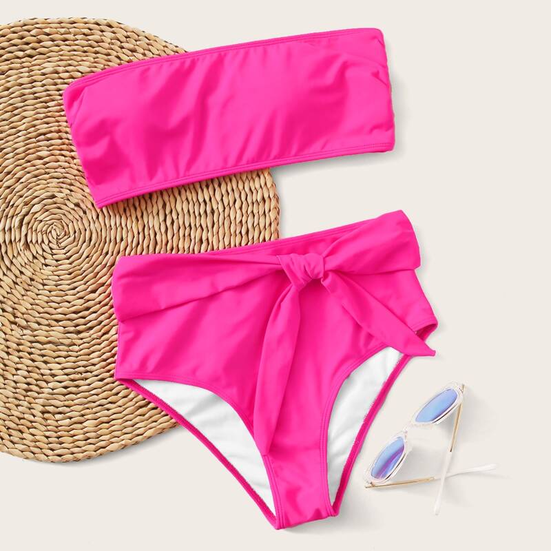 

Tie Front Bandeau High Waisted Bikini Swimsuit, Pink bright