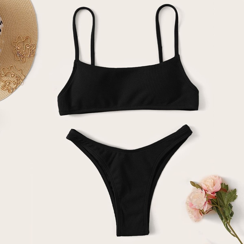

Ribbed High Leg Bikini Swimsuit, Black