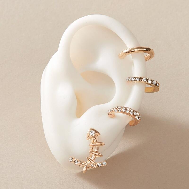 

4pcs Rhinestone Decor Earrings, Gold