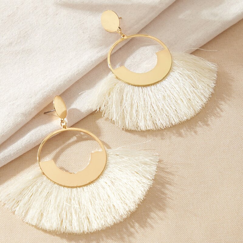 

1pair Ring Tassel Drop Earrings, White