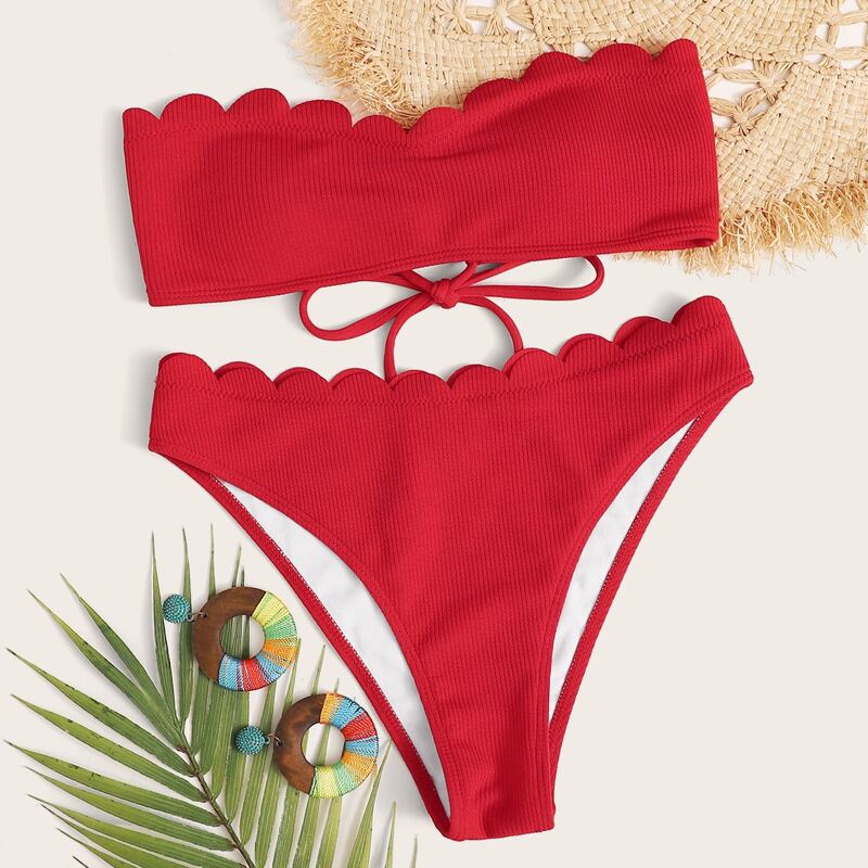 

Scallop Trim Bandeau High Leg Bikini Swimsuit, Red