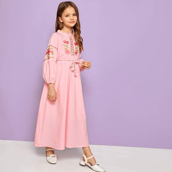 

Girls Embroidered Detail Frilled Neck Braided Belted Dress, Pink