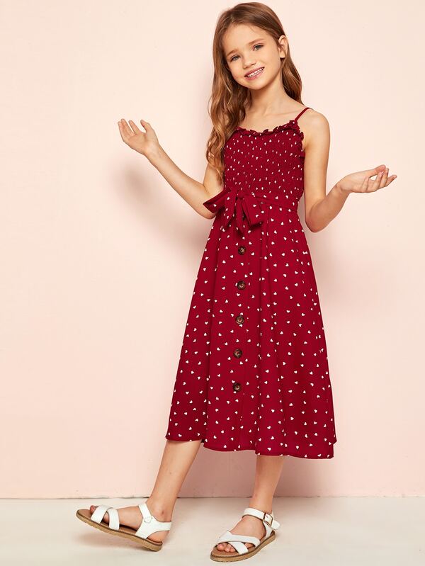Girls Frill Trim Shirred Bodice Button Front Cami Dress Shein Usa