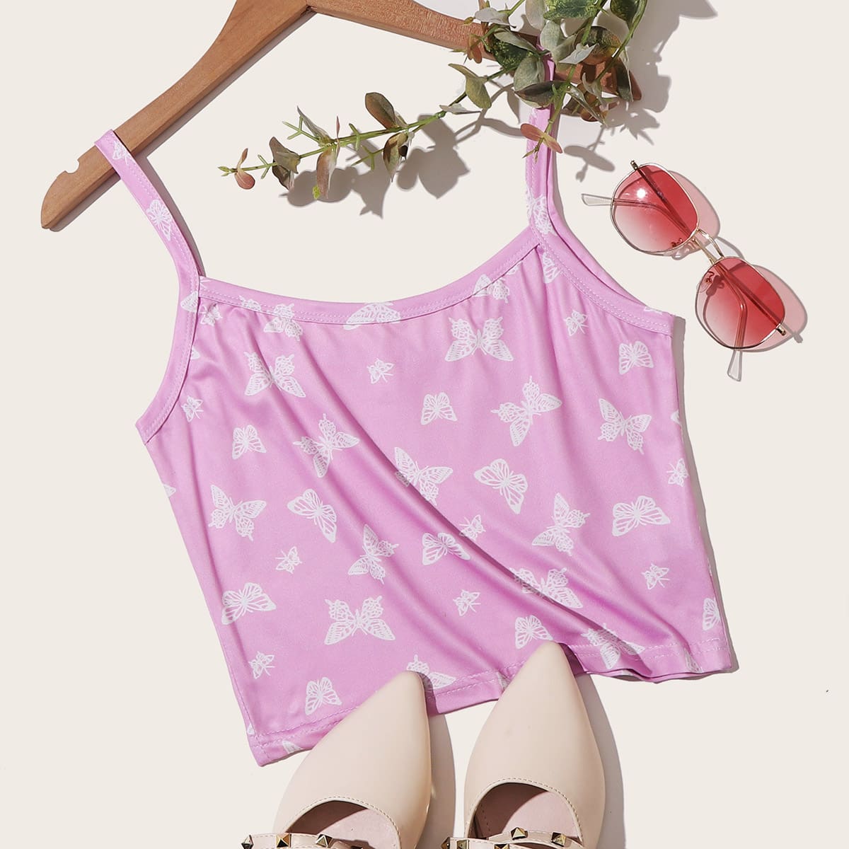 

Butterfly Allover Print Crop Cami, Pink